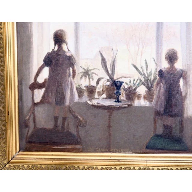 Interior Painting of Two Children Oil on Canvas, Carl V. Meyer For Sale - Image 3 of 7