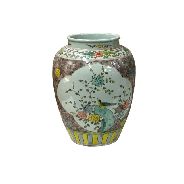 Vintage Chinese Color Porcelain Lotus Bird Scenery Pot Jar Vase For Sale - Image 4 of 12