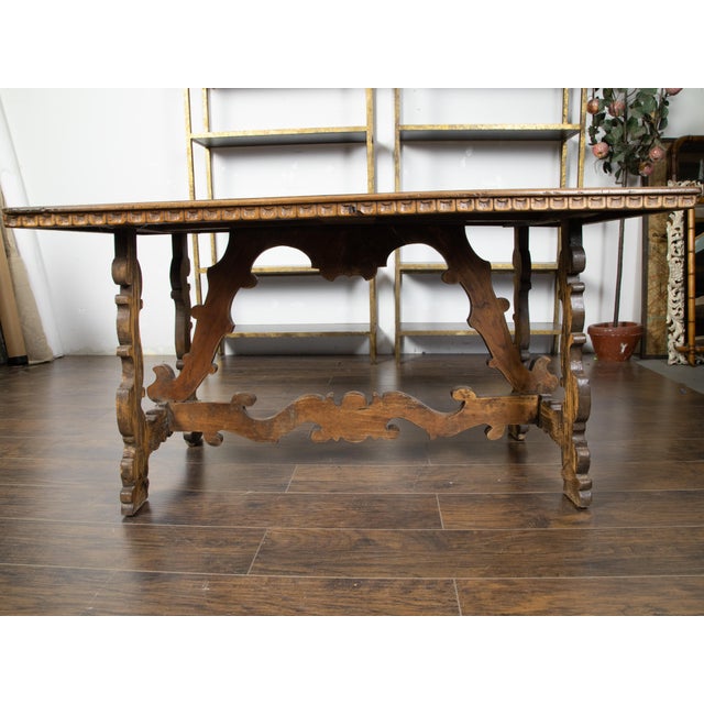Wood Italian Baroque Style 19th Century Walnut Table with Carved Trestle Base For Sale - Image 7 of 12