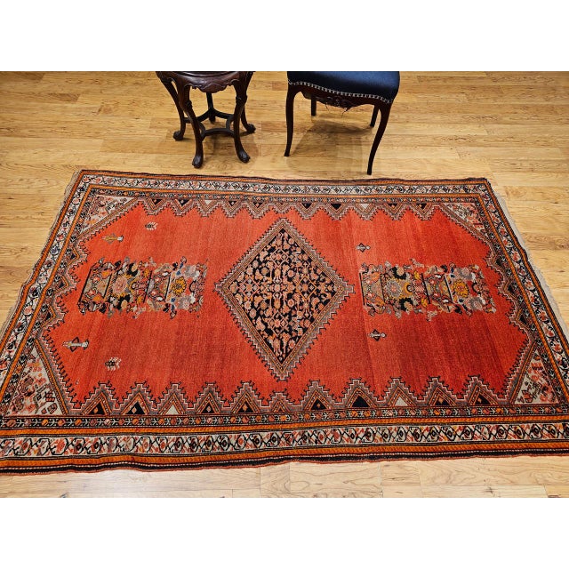 Red Vintage Persian Malayer Area Rug, Hand-Knotted Wool, Geometric Tribal Pattern, 4x7, Terracotta & Navy For Sale - Image 8 of 18