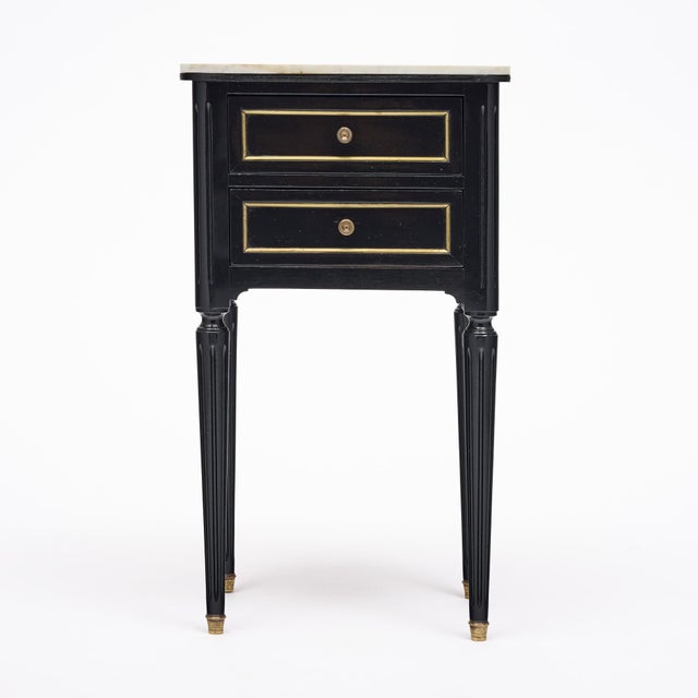 Pair of French Louis XVI Style Ebonized and Brass Marble-Top Side Tables For Sale - Image 4 of 9