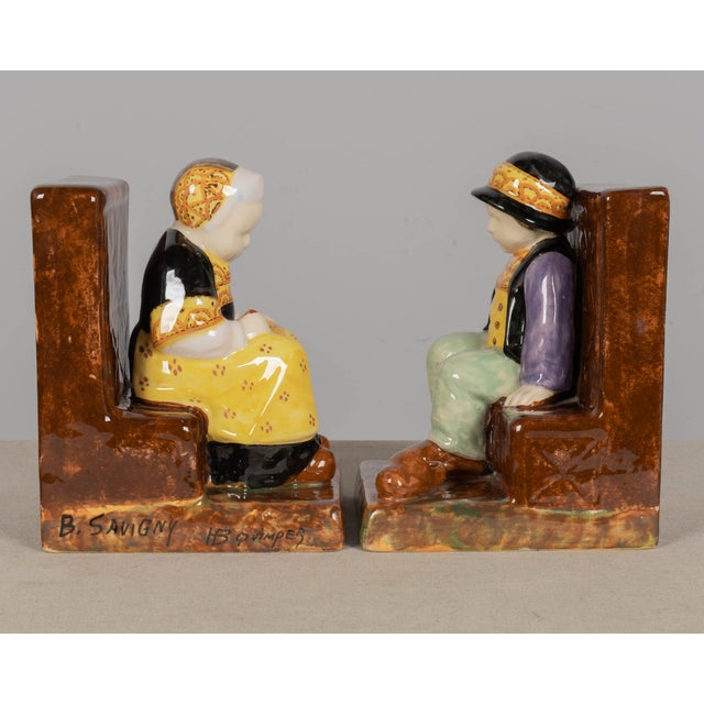 Art Deco French Faience Hb Quimper Bookends by Berthe Savigny For Sale - Image 3 of 9
