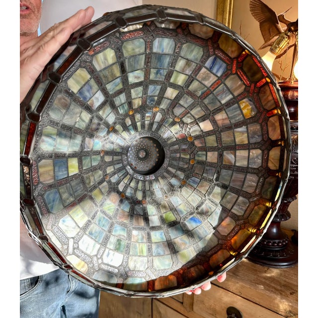 Antique 19th Century Hand Carved Mahogany Wood Table Lamp With Tiffany Style Shade For Sale In San Diego - Image 6 of 13