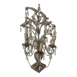 19thc French Antique Louis XV Maison Bagues Style Crystal 5 Light Girandole/ Table Lamp - Crystal Sprays With Ruby Red Accents