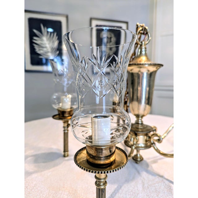 Vintage French Argand Style Bouillotte Chandelier Five Light Etched Glass For Sale - Image 4 of 15