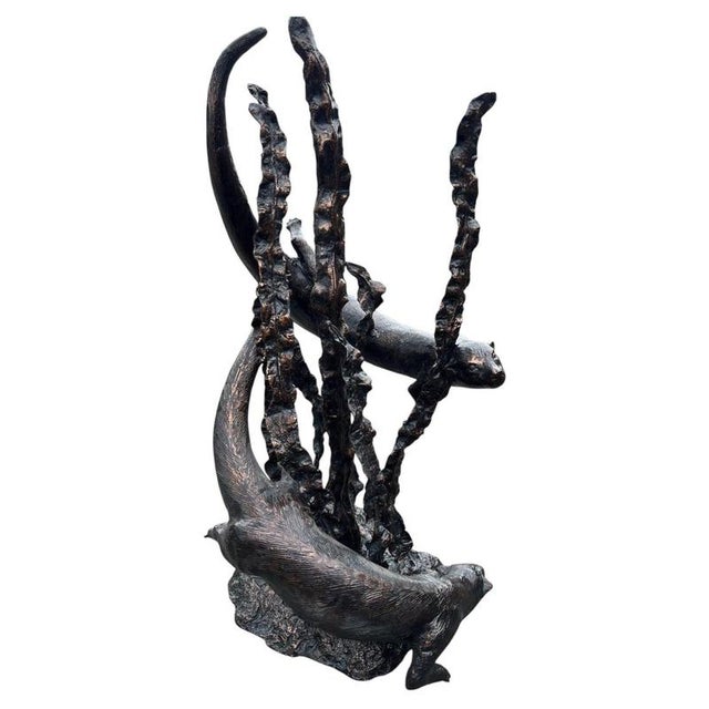 Metal Bronzed Metal Swimming Otters in Kelp Garden Fountain Sculpture For Sale - Image 7 of 16
