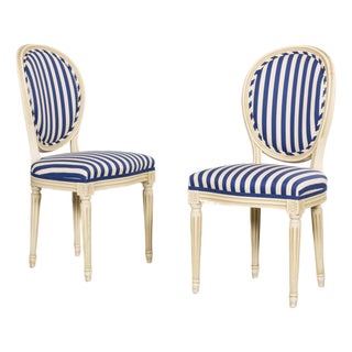 Pair of Antique French Louis XVI Style Painted Side Chairs in Blue Stripe For Sale