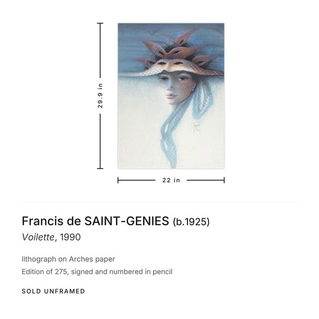 French Provincial 1990 Francis De Saint-Genies Voilette Signed Lithograph For Sale - Image 3 of 3