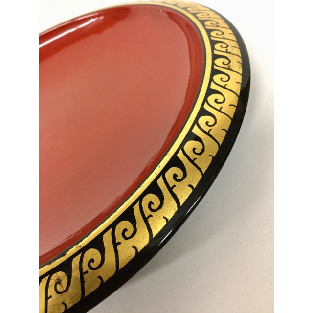 1970s Art Deco Cinnabar Lacquer Ware Plate With Gold Trim For Sale - Image 11 of 12