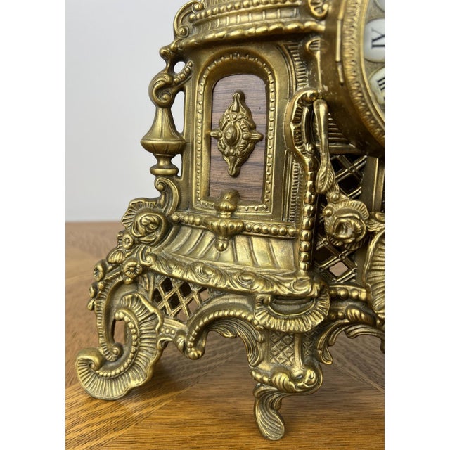 Vintage French Brass Ornate Romantic Couple Mantel Clock For Sale - Image 6 of 16