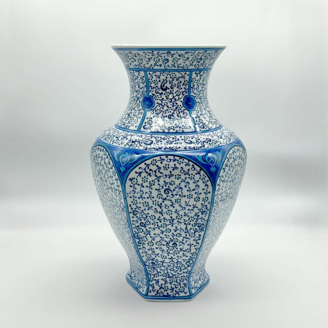 Ceramic Handmade Ceramic Iznik Vase (Faceted Form) Blue Golden Horn (Halic) Style Scroll Pattern For Sale - Image 7 of 8