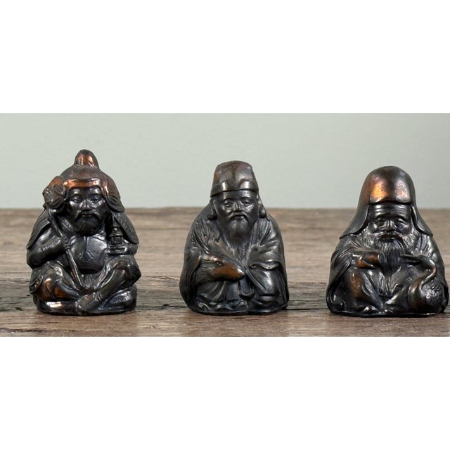 Bronze Vintage Japanese Seven Lucky Gods Bronzed Metal Netsuke Figurines - Set of 7 For Sale - Image 8 of 13