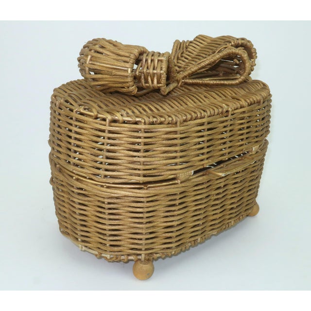 Wood Gold Wicker Bow Basket Box For Sale - Image 7 of 14