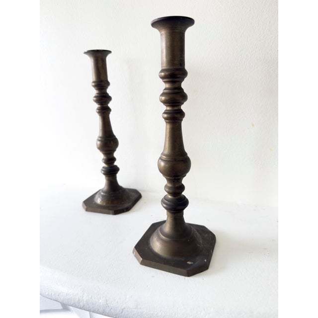 Vintage Mid-Century Modern Brass Turned Candlestick Holders, a Pair For Sale - Image 10 of 13