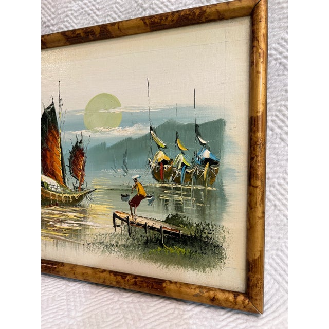 Wood Mid Century Oil on Board Chinese Junk Boats Painting For Sale - Image 7 of 9