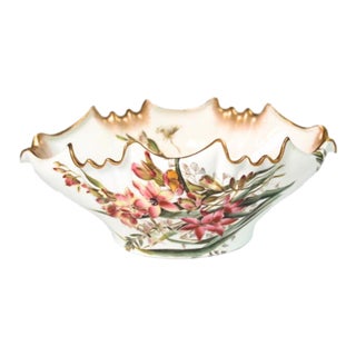 Antique George Jones Crescent Hand Painted Fine China Bowl Centerpiece Gold Fluted Edge For Sale