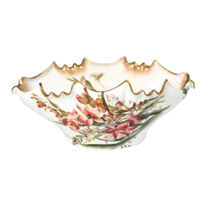 Antique George Jones Crescent Hand Painted Fine China Bowl Centerpiece Gold Fluted Edge