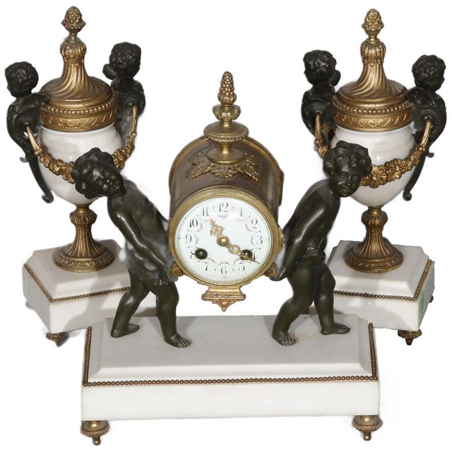 Mid 19th Century Napoleon II Louis XVI Style Fireplace Clock with Putti Carrying a Dial, 1860s, Set of 3 For Sale - Image 5 of 18