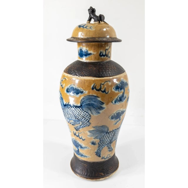 Late 19th Century 19th Century Chinese Cafe-Au-Lait Garniture Vase With Blue Foo Dogs or Qylin For Sale - Image 5 of 18