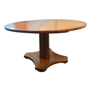 1970s Henredon 44” Round Game Table With Starburst Oak Top & Brass Mounted Base For Sale