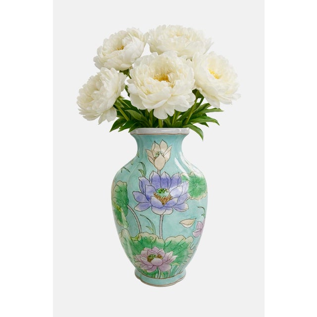 Late 20th Century WBI Chinese chinoiserie vase. Hand painted and marked on the bottom, in red, Made in China. Featuring a...