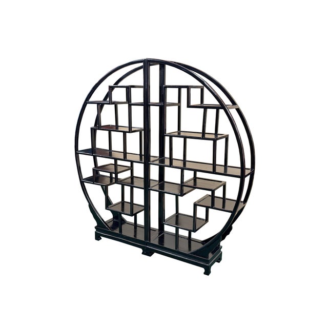 Black Lacquer Moon Gate Round Shelves Wood Display Curio Cabinet Room Divider For Sale In San Francisco - Image 6 of 12