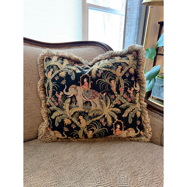 Late 20th Century Vintage Chinoiserie Tapestry Throw Pillows With Elephants and Monkeys - A Pair For Sale - Image 5 of 13