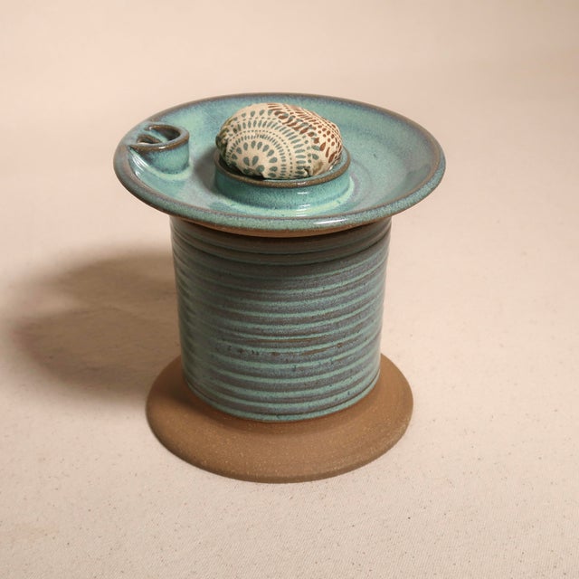 Early 21st Century Mid Century Modern Handmade Studio Pottery Turquoise Glaze Pin Cushion Ceramic Sewing Vessel For Sale - Image 5 of 13