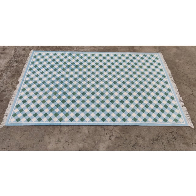 Handmade Cotton Vegetable Dyed Checked Gingham Rug in Sky Blue With Cream and Forest Green - 10x14 For Sale - Image 9 of 11