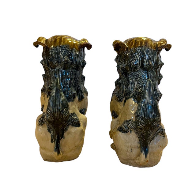 Mid 20th Century Large Mid-Century Chinese Ceramic Foo Dog Guardian Lion Pair — Tortoiseshell Glaze For Sale - Image 5 of 12