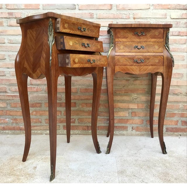 French Classic Louis VX style Marquetry Nightstands with Three Drawers, 1920s, Set of 2 For Sale - Image 9 of 15