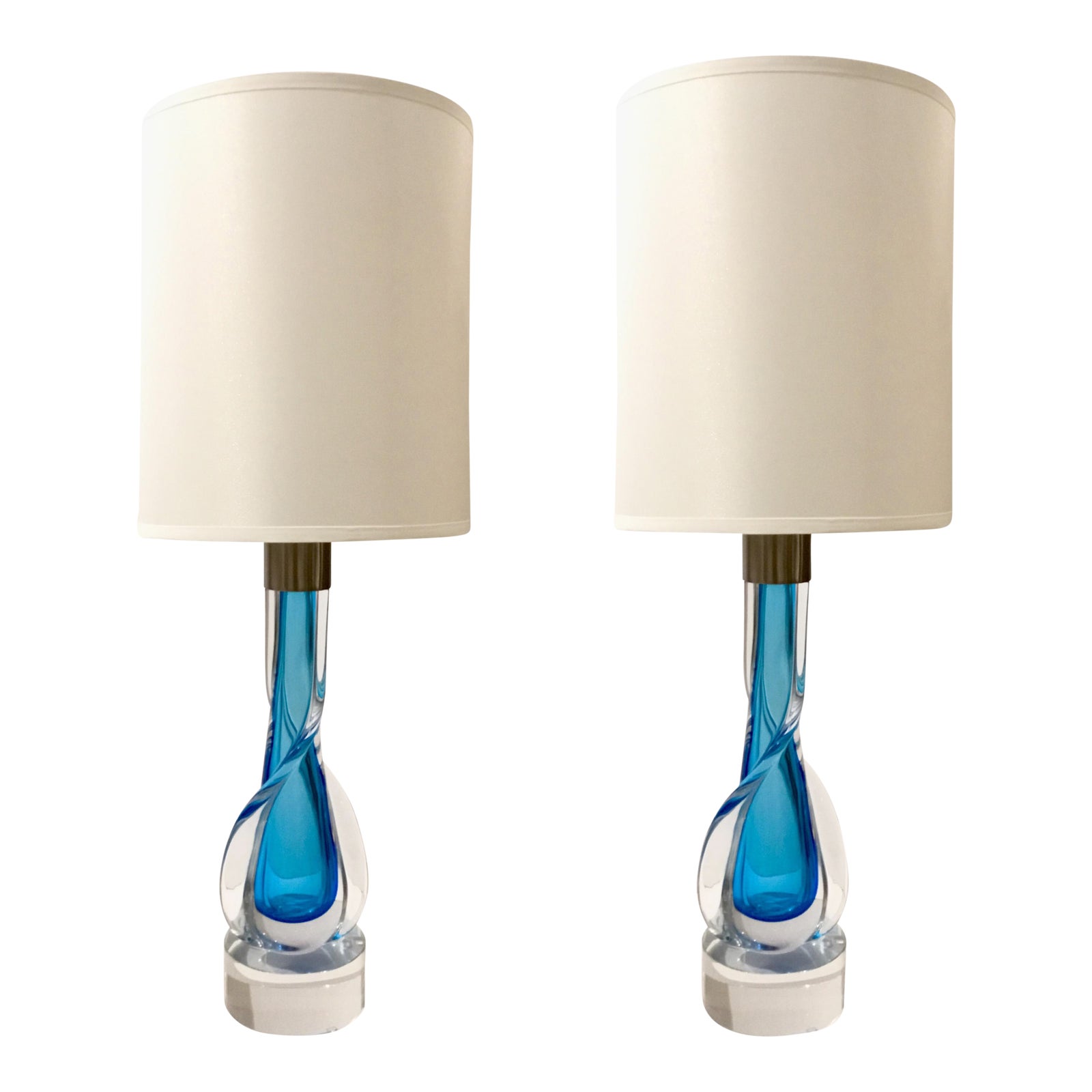 MidCentury Modern Murano Style Hand Blown Blue Art Glass Table Lamps