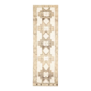 1970s Turkish Hand-Knotted Wool Cotton White Runner Rug For Sale