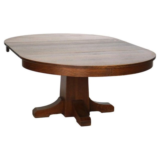 Antique L. J. & G. Stickley Oak Dining Table with Three Leaves Signed C1910 Measures - With 3 leaves - 87.25"L; Two leaves...