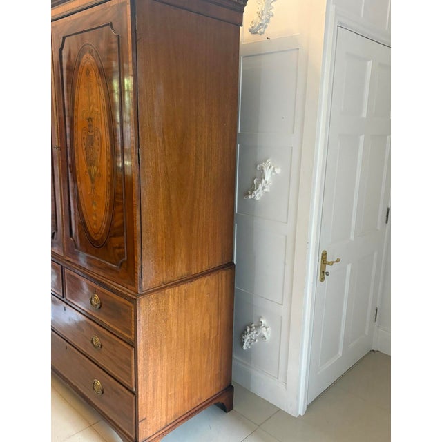 Antique Georgian Mahogany Satinwood Inlaid Linen Press Housekeepers Wardrobe, 1800 For Sale - Image 4 of 14