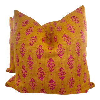 Bright Pink Flower Motif Linen 22" Pillows-A Pair For Sale