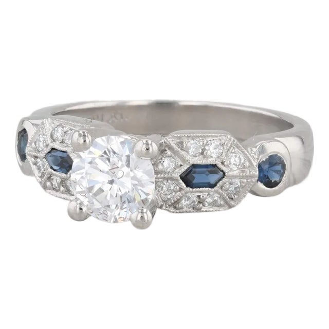 Round Semi Mount Engagement Ring Platinum Diamond Sapphire Size 6.25 For Sale