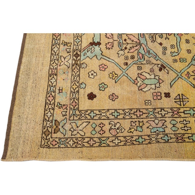 Mid-Century Modern Style Handmade Allover Floral Yellow Wool Rug For Sale - Image 4 of 8