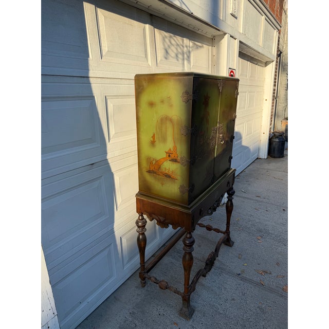 Mid 20th Century Vintage Chinoiserie Green Lacquer Cabinet With Hand Painted Asian Scenes and Ornate Carved Base For Sale - Image 5 of 12