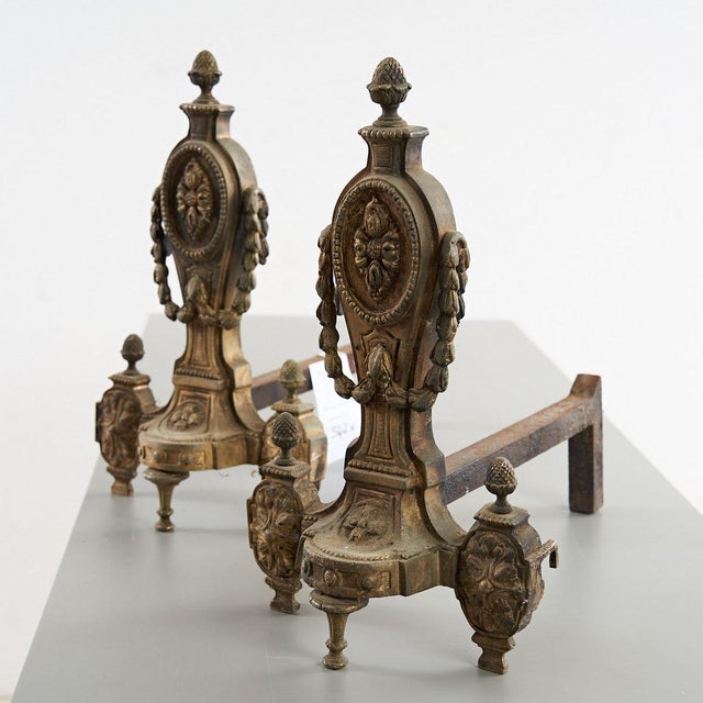 Metal Neoclassical Andirons in Golden Metal, Set of 2 For Sale - Image 7 of 7