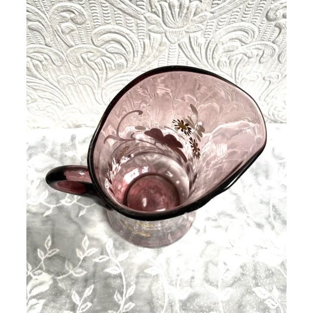 Amethyst Antique Moser Hand Painted Floral Amethyst Glass Tall Pitcher For Sale - Image 8 of 11