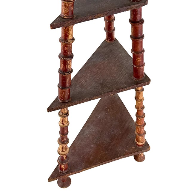 Antique 1920s 27" Tall Folk Art 4-Tier Wooden Spool Triangular Geometric Corner Shelf For Sale - Image 9 of 17