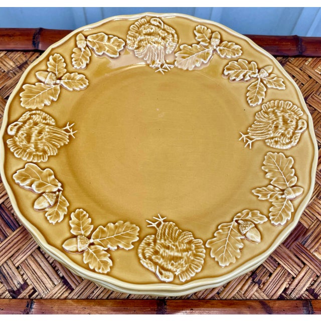 Bordallo Pinheiro Yellow Acorn and Turkey Majolica Dinner Plates