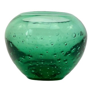 Vintage 1940s Controlled Bubble Glass Bowl Vase by Carl Erickson Kelly Green For Sale