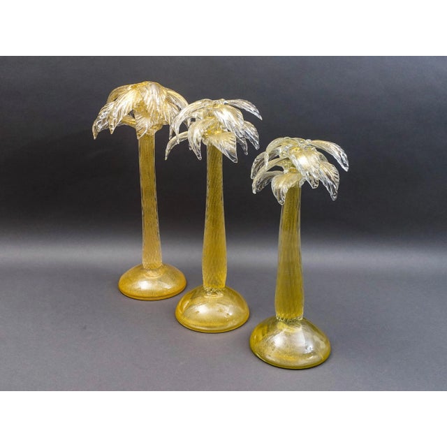 Mid-Century Modern Mid 20th Century Signed Murano Italy Gold Fleck Glass Palm Tree Candlestick Candleholders- Set of 3 For Sale - Image 3 of 9
