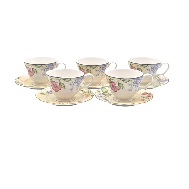 Late 20th Century Jessica McClintock Westbury Court Christina Floral Cups & Saucers, Set of 5 For Sale - Image 12 of 16