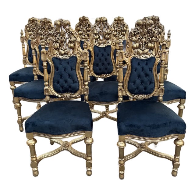 1900 Italian Rococo Gilded Beech Black Velvet Chairs – Set of 8pcs For Sale
