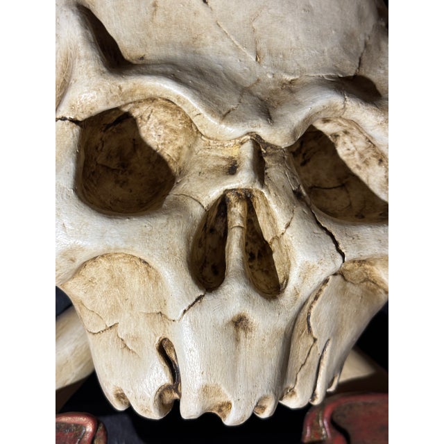 Hand Sculpted, Carved and Parcel Gilt Skull and Crossbones Memento Mori Mounted on a Decorative Plaque For Sale - Image 10 of 11