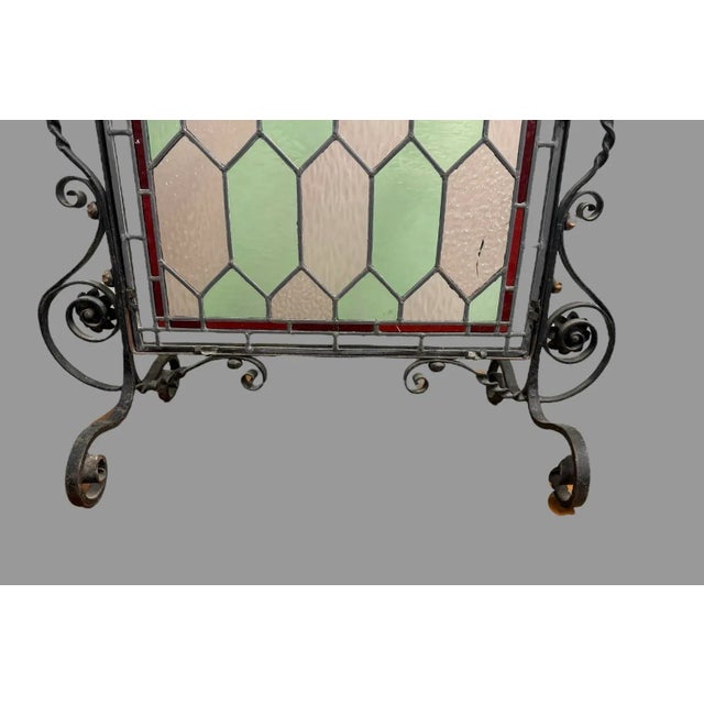 Arts & Crafts Antique Wrought Iron & Leaded Glass Fire Screen For Sale - Image 3 of 8