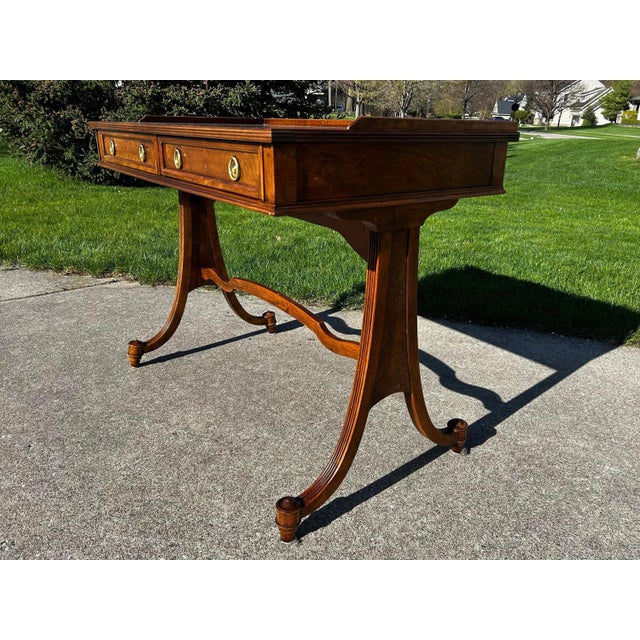 Vintage Mounted Walnut Writing Desk Attributed to Baker Furniture - Original Brass Accents For Sale - Image 6 of 11